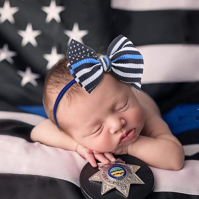 YanJie Baby Bows Nylon Blue Headbands for Infant Girls Police Support Hair Bow for Newborn Toddler National Police Week Hair Accessories Blue Line Flag