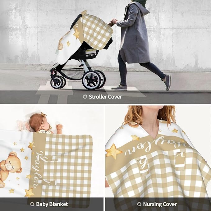 Personalized Name Car Seat Covers for Baby Girls Boys, Custom Cute Bear Baby Carseat Canopy, Nursing Cover for Breastfeeding, Strollers Car Seat Canopies for Babies Infant Newborn