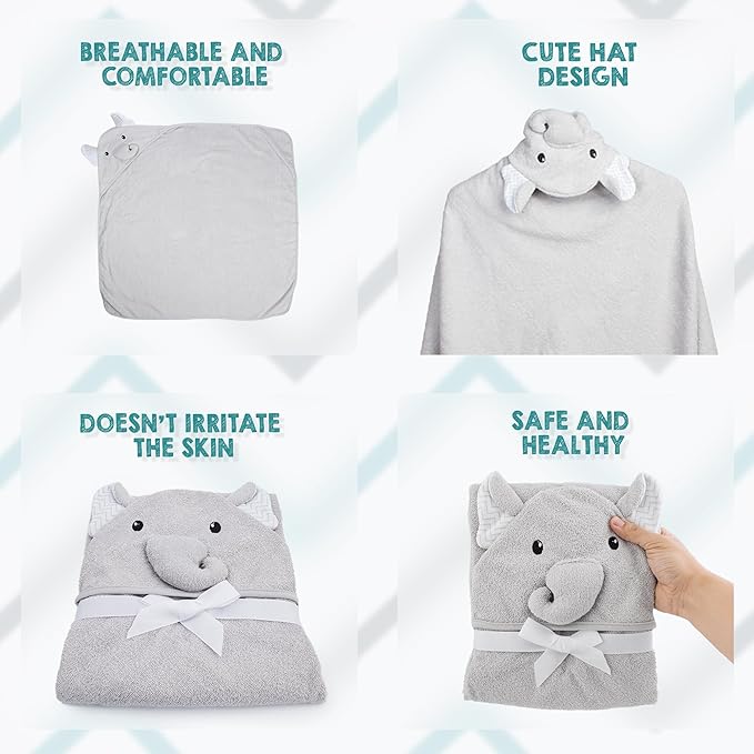 Hooded Baby Towels 33 x 33 Inch. Light Gray Terry Cotton Bath Towels Hooded with Elephant Face and Ears. Hooded Towels for Baby. Soft Toddler Towels for Boy, Girl. Absorbent Hooded Towel