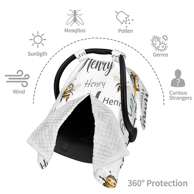 Personalized Baby Car Seat Cover Custom Name CarSeat Canopy Customized Bee Newborn Nursing Breastfeeding Cover Minky Baby Blanket Infant Car Seat Canopies for Baby Girls Boys