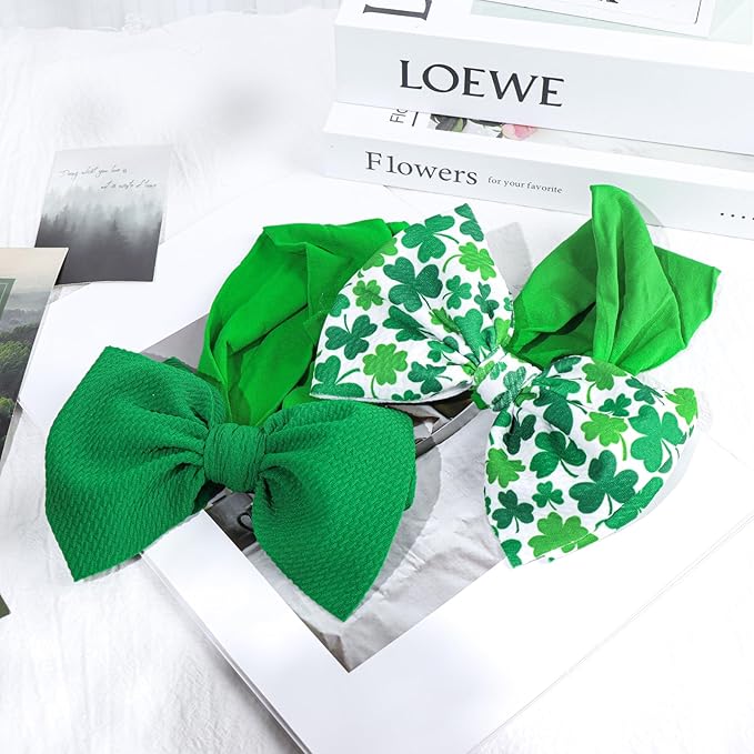 HAIRBAND, St.Patrick's Day Hair Accessories for Infant Baby Girls, Green Headbands with Bows, Shamrock Print, Nylon Hairbands, 2 Count