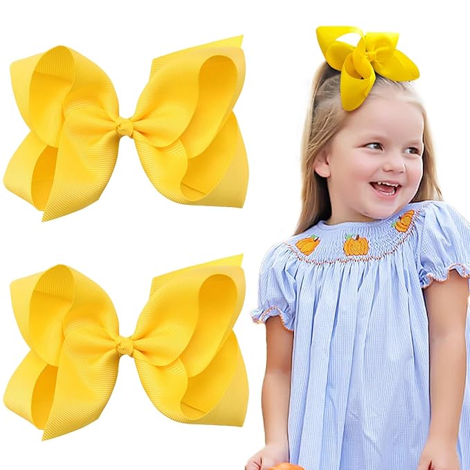 Oaoleer 2PCS 6inch Yellow Layered Grosgrain Ribbon Bow Alligator Clips, Baby Hair Accessories for Girls, Infants, Toddlers, Teens, and Children