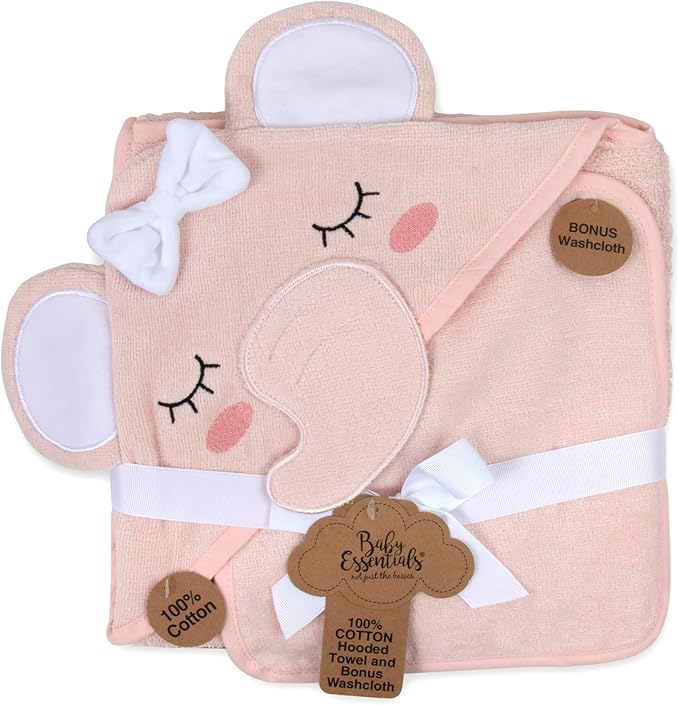 Baby Animal Hooded Towel and Washcloth Set for Newborns, Infants, Toddlers Boys and Girls 3-24 Months (Delicate Pink Elephant)