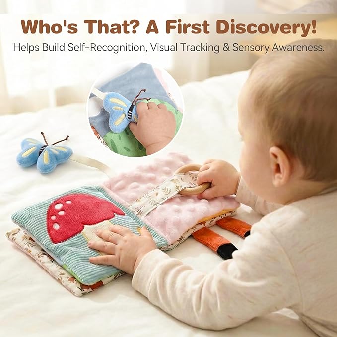 Montessori Soft Baby Book - Sensory Book for Babies 0-12 Months with Crinkle Paper, Touch & Feel Textures, Baby Safe Mirror & Teether. Educational Infant Toys for Tummy Time, Newborn
