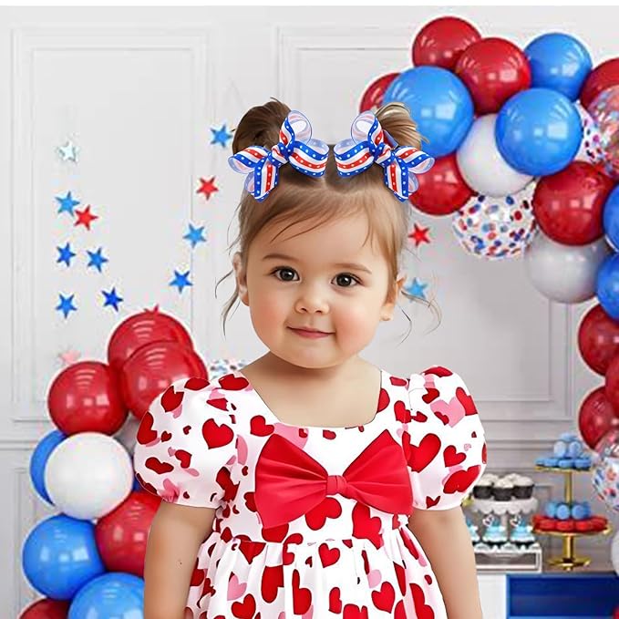 YanJie 4th of July 2pcs Hair Clips 3'' Blue Bow American Flag Hair Bows Baby Girls Clips Patriotic Hairgrips Hair Accessories Independence Day