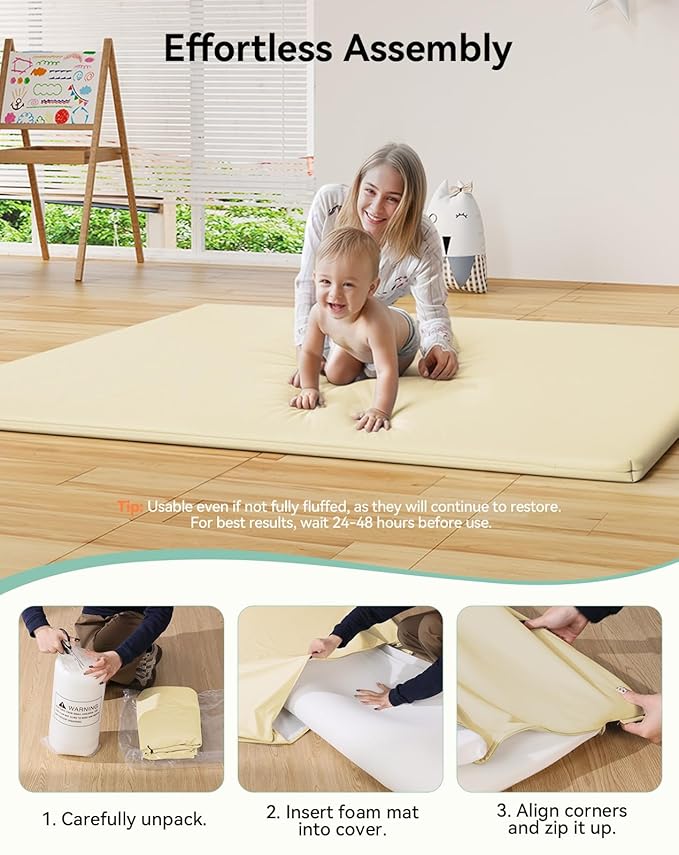 COMOMY Vegan Leather Baby Play Mats for Floor, 50 x 50 Play Mat for Playpen, Thickened High-Density Foam Playmats for Babies and Toddlers - Extra Soft and Resilient, Easy to Wipe Clean, Ivory