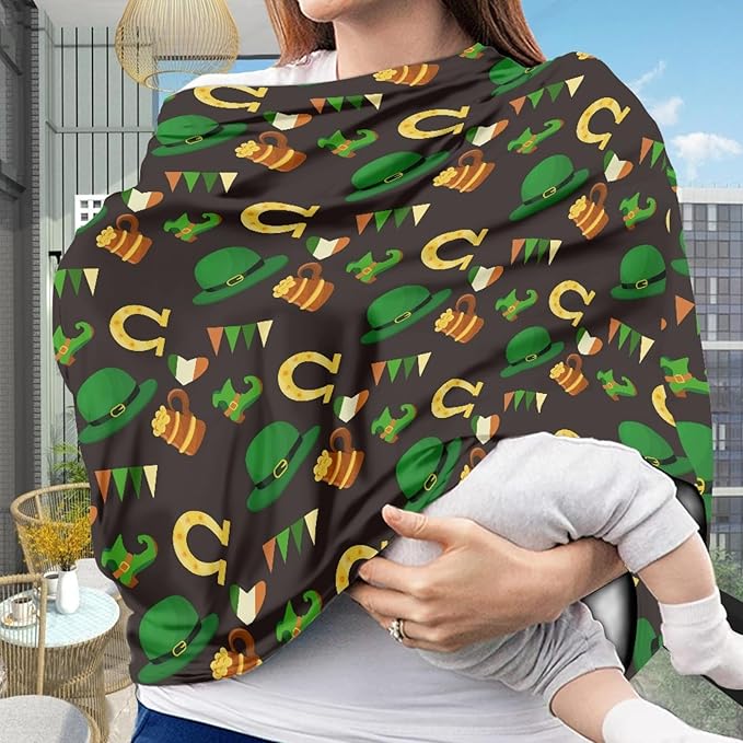 Green Hat Boots Print Baby Nursing Cover,Breathable Infant Carseat Cover,St. Patrick's Day Theme Car Seat Canopy for Baby Girls,Perfect Mom’s Scarf