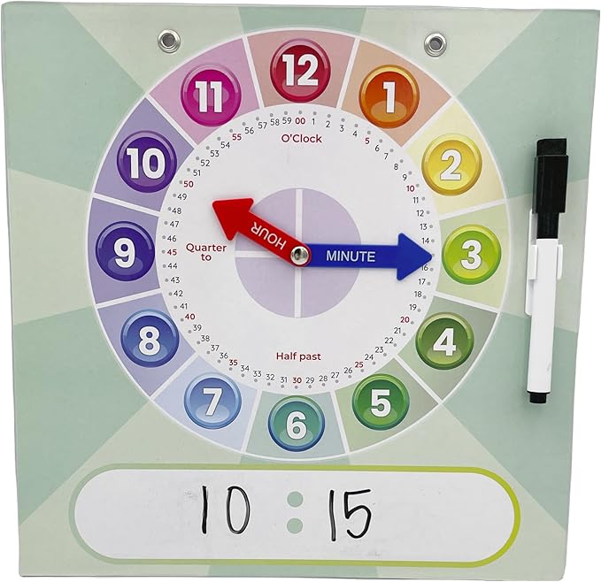 Kids Teaching Clock with Moveable Arms, Dry Erase Surface, Magnetic Hanging Strips, Educational Learning Tool for Time-Telling Skills. Perfect for Classrooms and Homes