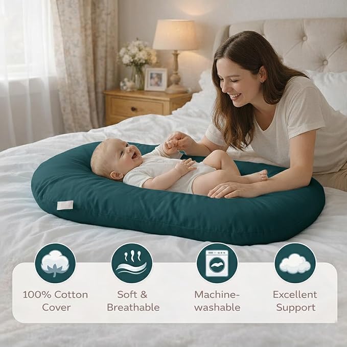 Baby Lounger for Newborn,Baby Play Mat Soft Cotton for Playtime & Sitting,Flat Babies Essentials Gifts Awake-Time for Boys & Girls 0-12 Months Home Travel(Peacock Green)