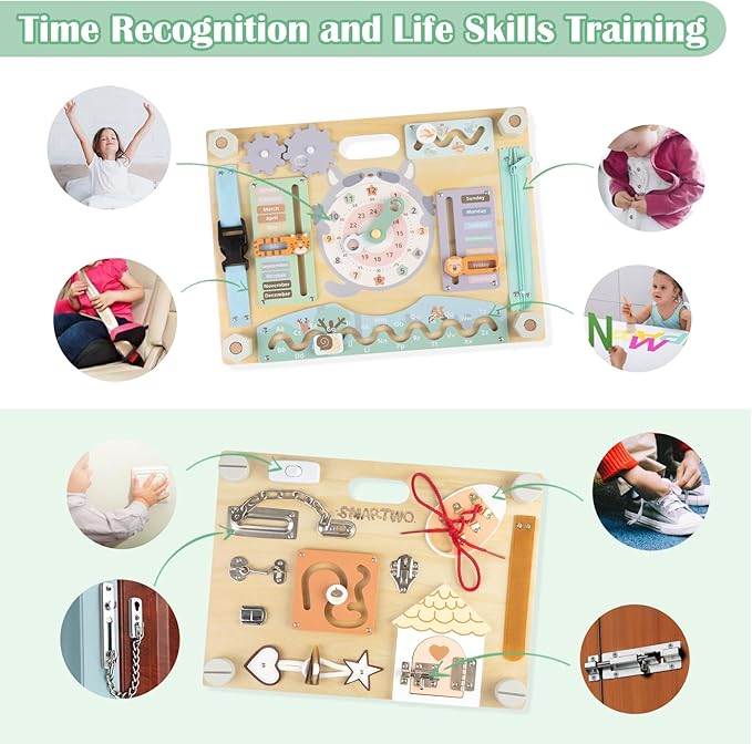 Double-Sided Wooden Busy Board for Toddlers, Sensory Activity Board, Montessori Travel Toy for Kids, Educational Toy for Autism, Ideal Choice for Baby Girls or Boys Birthday