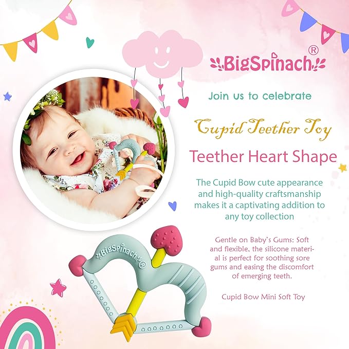 BIGSPINACH Teethers Heart Shape Silicone Baby Teether Toy Easy for Little Hands to Hold,Cupid Bow and Arrow Soft Teething Toy for Infants,Valentine's Gift for Girl or Boy (Green)