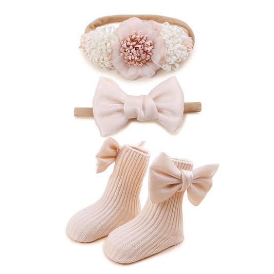 cherrboll Baby Girl Headbands and Socks Set, 3Pcs Soft Floral Hairbands Hair Bows Knit Socks for Newborn Infants Toddlers Photography Props Gifts