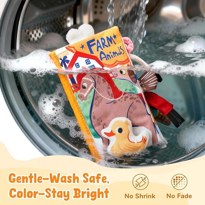JoyCat Baby Books 0-6-12 Months - Farm Tail Tummy Time Toys - Sensory Touch & Feel Crinkle Cloth Book with Detachable Duck - Newborn Easter Basket Stuffers