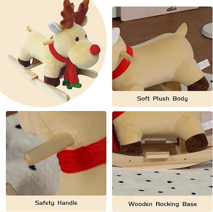 Reindeer Baby Rocking Horse for Toddlers 1 Years to 3 Years, Stuffed Plush Ride-on Rocking Animal with Realistic Sound and Music, Wooden Rocking Horse with Seat, Apricot Reindeer, CPC Certified
