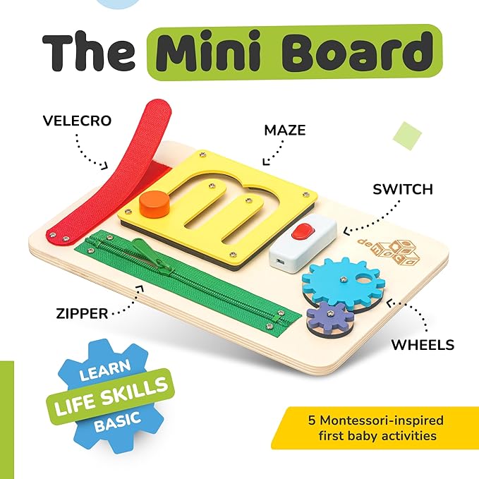 deMoca Sensory Busy Board for 1 Year Old, Travel Wooden Montessori Busy Board for Toddlers 1–3, Switch and Fidget Activity Board for Early Motor Skills and Travel Play