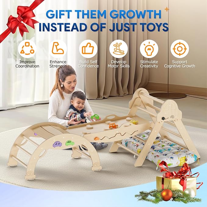 Pikler Triangle Set with Cushion 9 in 1 Foldable Montessori Climbing Toys for Toddlers 1-3 Indoor Wooden Kids Playground Baby Climbing with Maze Toys, Shape Sorter Toys, Car