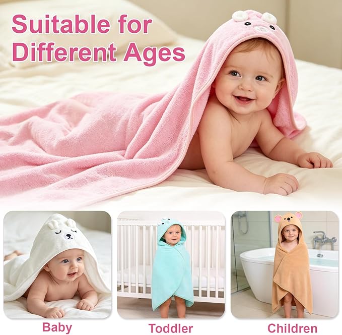 14PCS Baby Bath Towels Set for Newborn, 4PCS Animal Hooded Baby Towels(31.5''x31.5'') & 10PCS Washcloths for Toddler, Soft and Absorbent Coral Fleece, Essential Gifts for Boys & Girls