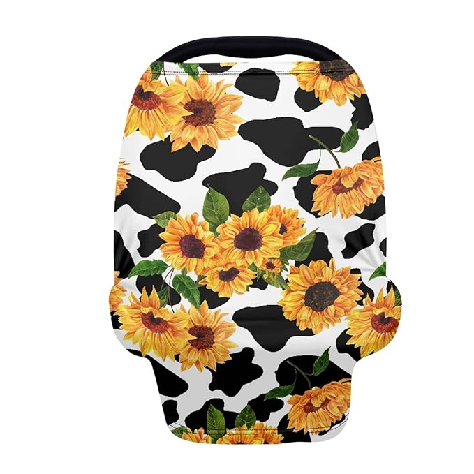 Coldinair Cow Sunflower Print Car Seat Cover for Babies Girls,Soft Nursing Cover,Breathable Infant Carseat Canopy/Shopping Cart/High Chair/Stroller Covers