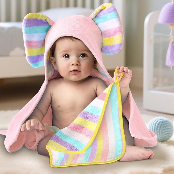 VOOVA & MOVAS Cute Elephant Ears Hooded Towel for Baby – 100% Cotton, 420GSM, Thick & Super Absorbent – 33" x 31.5", Pink – for 0–18 Months – Large Towel for Newborn, Toddler, Infant, Essential