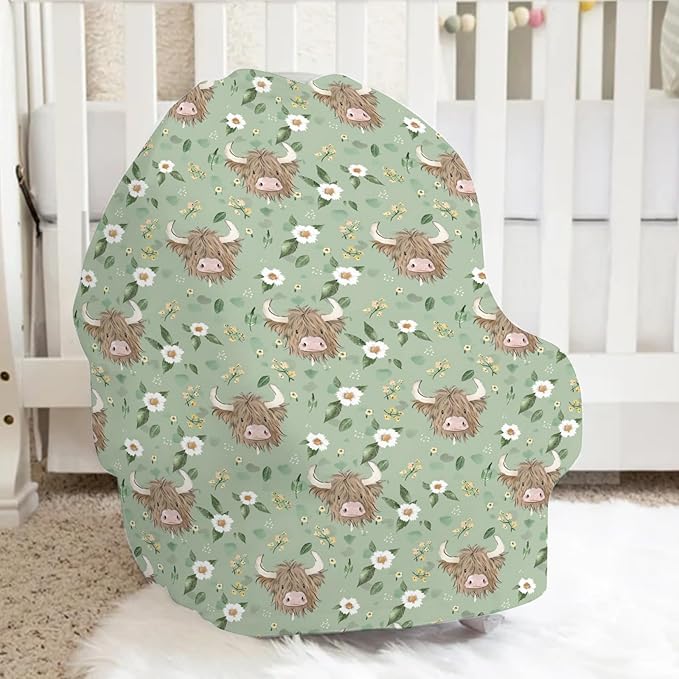 5-in-1 Unisex Cartoon Farm Cow Floral Pattern Baby Carseat Stroller Cover for Boys Girls, Highland Cow Flowers Infant Toddler Privacy Nursing Breastfeeding Canopy, Grocery Shopping Cart Cover-24x28