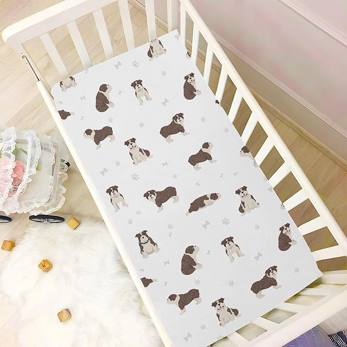 Fitted Crib Sheets English Bulldog Dogs Stretchy Portable Playard Sheets for Baby Toddler, Breathable Soft Mini Crib Mattress 39 x 27 in for Boys and Girls