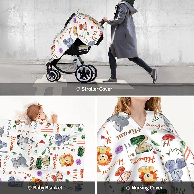 Personalized Name Baby Car Seat Cover for Boys Girls, Customized Infant Carseat Canopy with Peekaboo Opening, Multiuse Baby Carrier Covers Nursing Cover Breastfeeding Scarf for Newborn, Zoo Animal