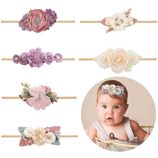Baby Girl Flower Headband 6 PCS Elastic Hairbands Handmade Nylon Bows Headbands Chic Floral Hair Accessories Kids Gifts for Newborn Infant Toddlers