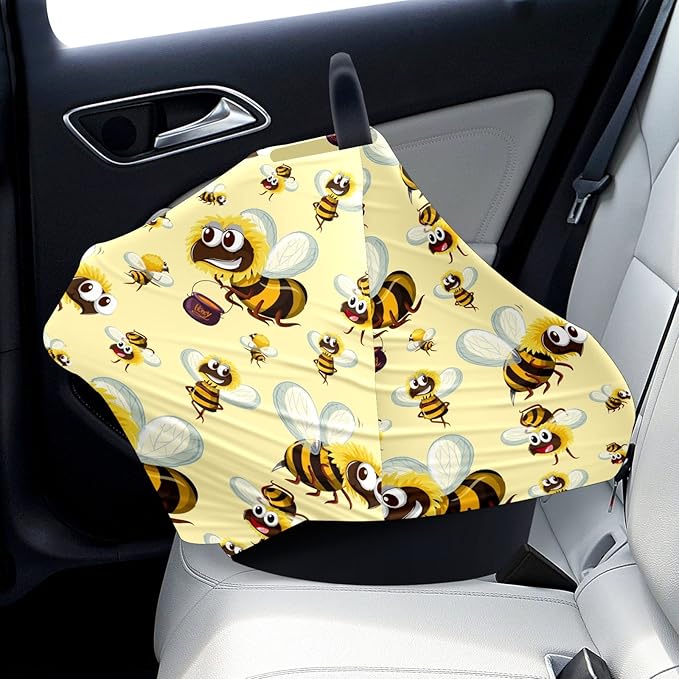 Baby Car Seat Stroller Covers Cartoon Bumble Bee Nursing Cover Breastfeeding Scarf Soft Breathable Stretchy Infant Car Canopy Coverage Carseat Cover for Boys and Girls Multi Use