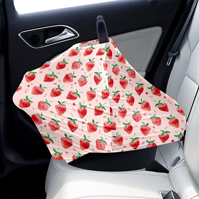 Baby Car Seat Stroller Covers Strawberry Fruit Summer Nursing Cover Breastfeeding Scarf Soft Breathable Stretchy Infant Car Canopy Coverage Carseat Cover for Boys and Girls Multi Use