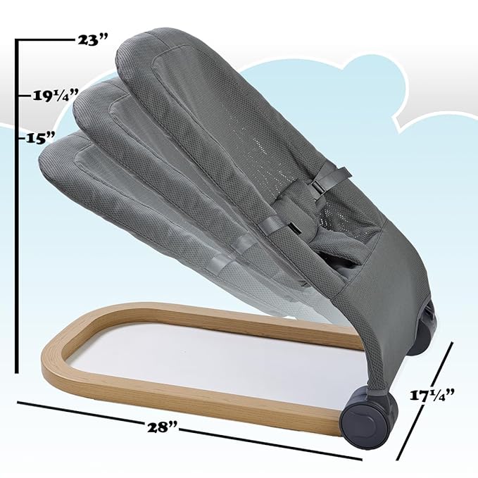 Giggle Bounce Deluxe Folding Baby Bouncer Seat and Lounger (Slate Grey) Wood Grain Base, Adjustable Recline, Portable Folding Design - Ideal Baby Rocker, Swing, Lounger & New Born Baby Gift 0-6 Months