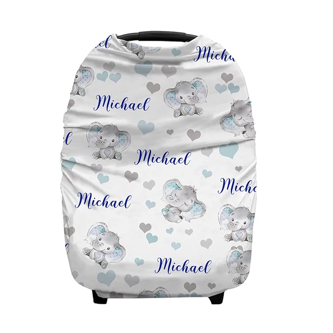 Personalized Cute Elephant Baby Car Seat Covers with Name, Custom Multiuse Nursing Breastfeeding Car seat Canopy, Infant Stroller Covers for Newborn Girl Boy, Ultra-Soft Breathable, Nursing Scarf