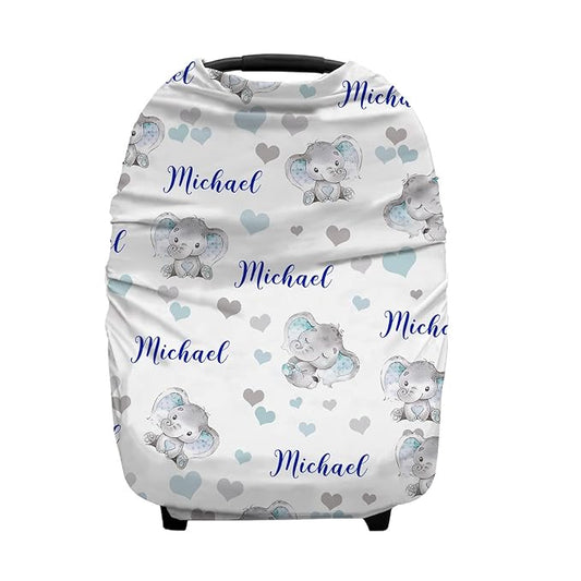 Personalized Cute Elephant Baby Car Seat Covers with Name, Custom Multiuse Nursing Breastfeeding Car seat Canopy, Infant Stroller Covers for Newborn Girl Boy, Ultra-Soft Breathable, Nursing Scarf