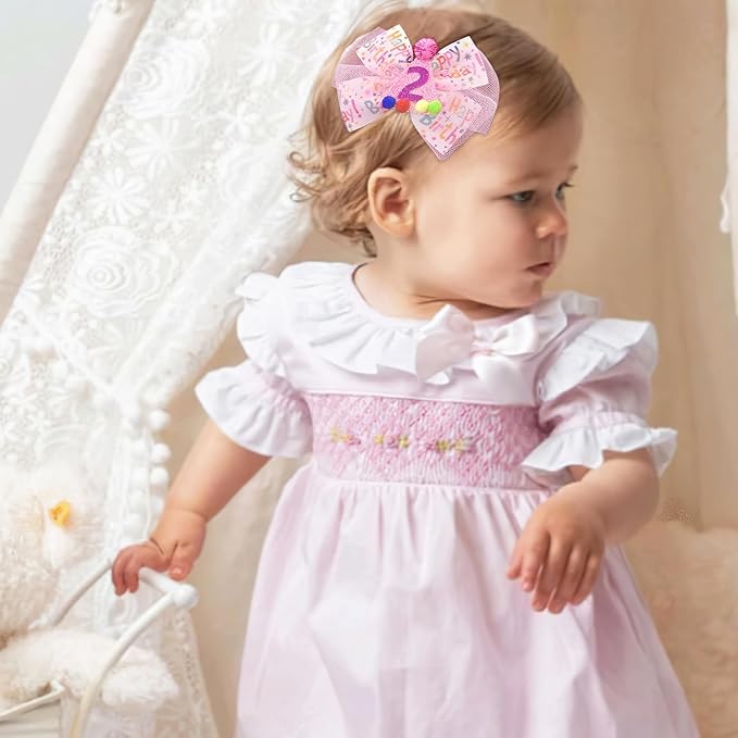 Baby Girls Pink Birthday Hair Bow Clip 2 3 4 5 6 Years Sprinkle Tulle Decorations Confetti Ice Cream Party Pink Hair Accessories for 2nd Birthday
