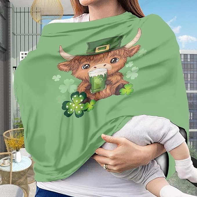 Wanyint Car Seat Cover for Boys Girls, Nursing Carseat Canopy Baby Breastfeeding Cover Multi-Use Nursing Scarf Infant Stroller Cover for Saint Patrick's Day Decor, Highland Cow Clover Green
