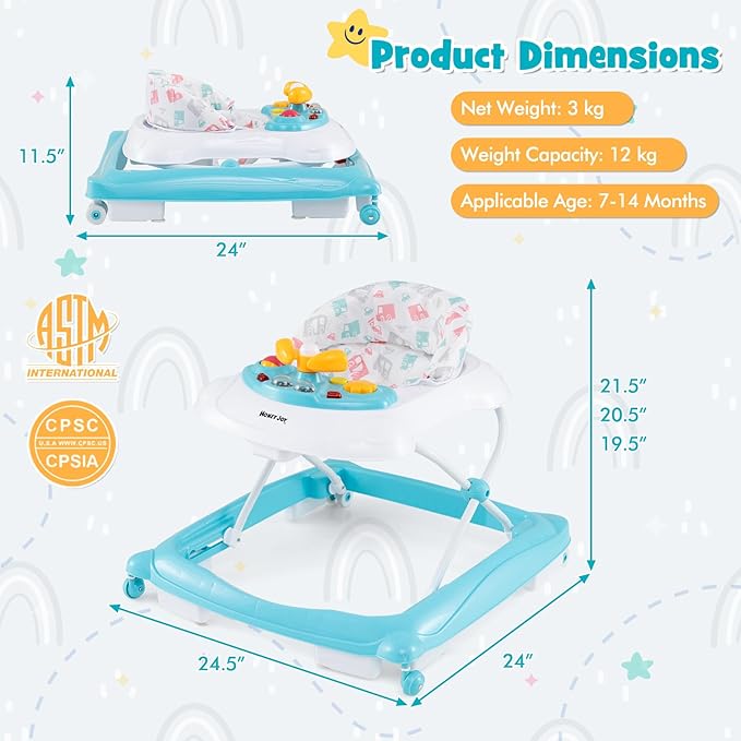 HONEY JOY Baby Walker, 5 in 1 Infant Activity Walker with Wheels, Music, Removable Cushion, Toddler Foldable Push Walker for Boys Girls, Anti-Rollover Walkers for Babies 7-14 Months (Green)