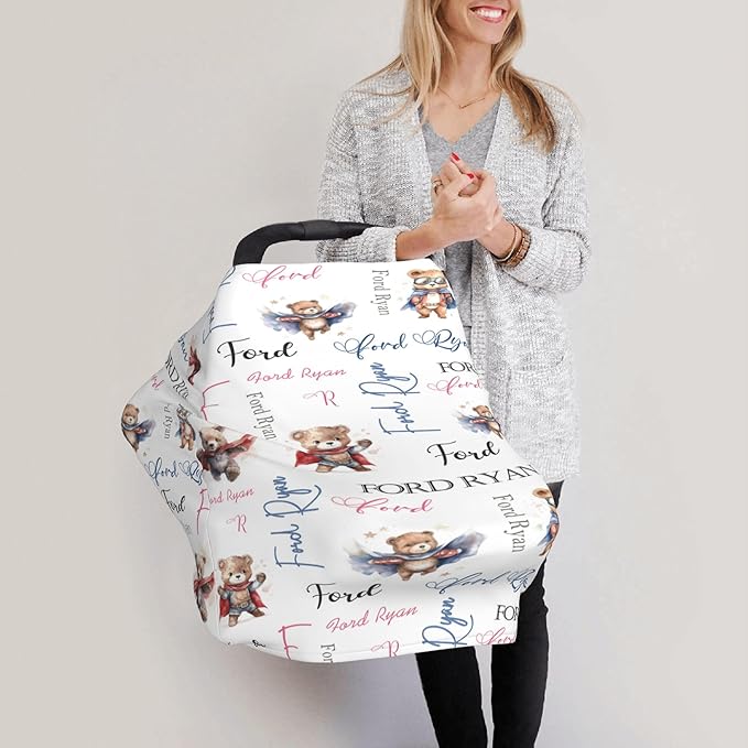 Personalized Baby Car Seat Covers for Babies, Custom Bear Nursing Breastfeeding Carseat Canopy with Name, Infant Stroller Covers for Newborn Girls Boys, Breathable Carseat Cover