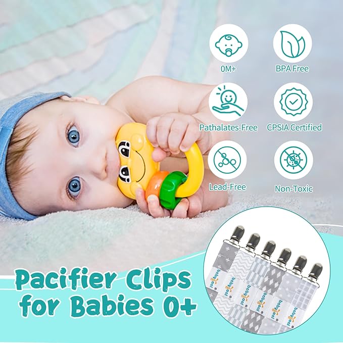 babygoal Baby Grey Pacifier Clips, 6 Pack Pacifier Holder Clip for Boys and Girls Fits for Most Pacifiers and Binkies