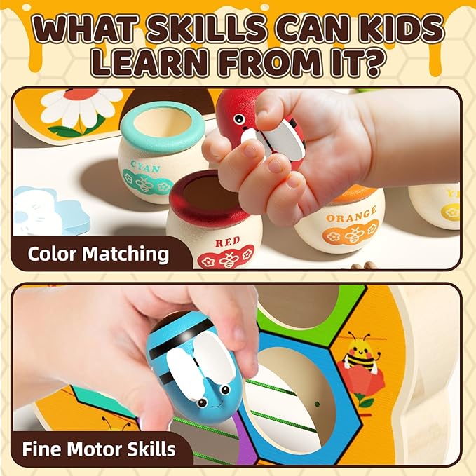 Wooden Toddler Fine Motor Skill Toy, Bee to Hive Matching Game with Honey Jar & Sticks, Montessori Color Sorting Matching Toys, Preschool Educational Learning Toys, Gift for Toddler 2 3 4
