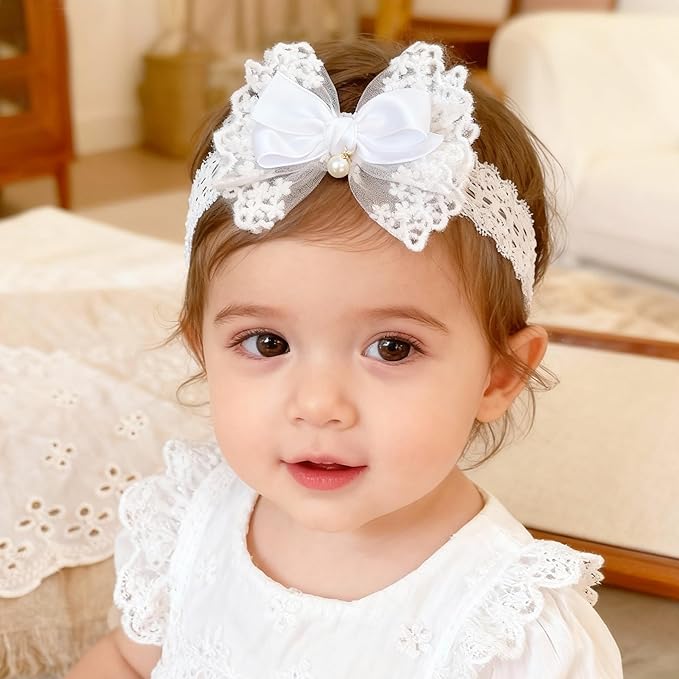 Baby Girls Headband White Bow Lace Headbands Soft Elastic Bowknot Hairbands Cute Hair Accessory for Newborn Kids Infant Toddler Baptism Birthday Party (Lace Pearl)