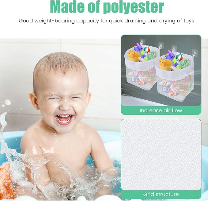 2Pcs Bath Toy Storage Polyester Toy Organizer Wall Mounted Breathable Leaky Mesh Bag Easy to Install Large Capacity Toy Mesh Bag Easy to Clean Toy Organizer Suitable for Bathrooms