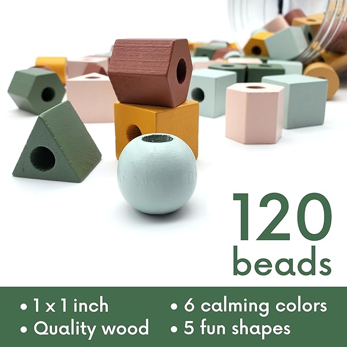 Wooden Lacing Beads & Strings 125 Pieces, Fine Motor Skills Toys for 3 Year Old, Boho Colors