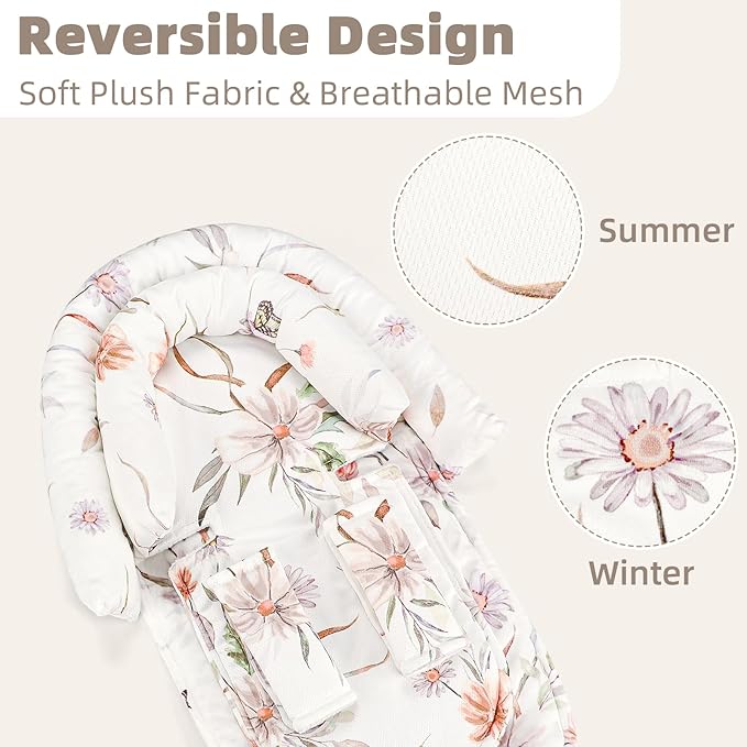 2-in-1 Infant Car Seat Insert, Upgraded Newborn Carseat Insert, Breathable & Soft Baby Car Seat Head Support with 2 Strap Covers for Girls, Perfect for Carseat, Stroller, Swing, White Flower