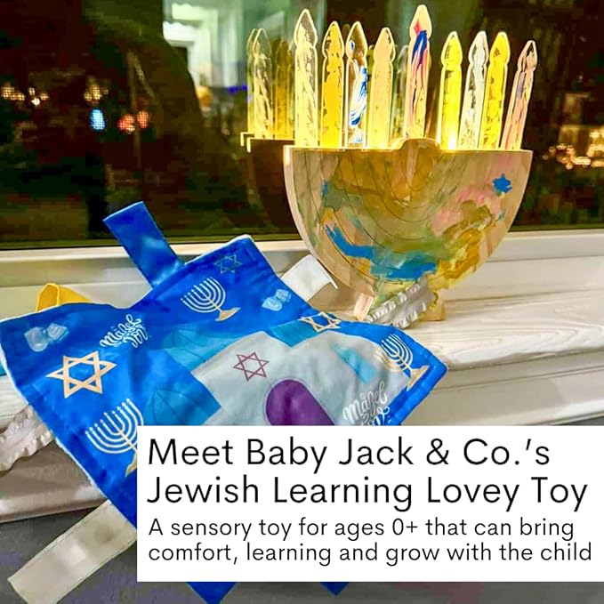 The Learning Lovey Baby Jack & Co 8x8” First Hanukkah, Passover, Shabbat, Rosh Hashanah, Yom Kippur, Sukkot, Purim.. Look & find The Star of David, Dreidel, Menorah on Crinkle Tag Toy