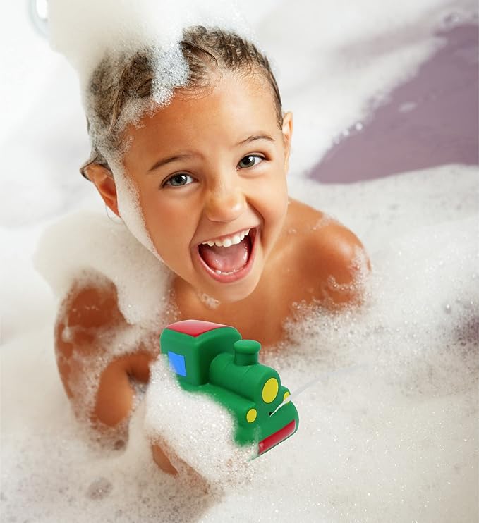 DolliBu Train Buddy Squirter Bath Toy - Floating Rubber Green Bath Time Toy Train for Toddlers, Fun Bath Toys for Bathtub, Pool, and Beach, Toddler Bath Squirt Toys for Girls and Boys