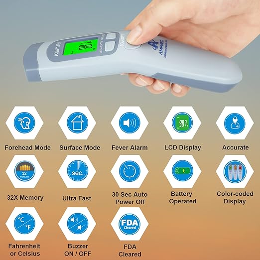 Amplim 2-Pack Hospital & Medical Grade Non Contact Digital Infrared Forehead Thermometer for Babies, Kids, and Adults.