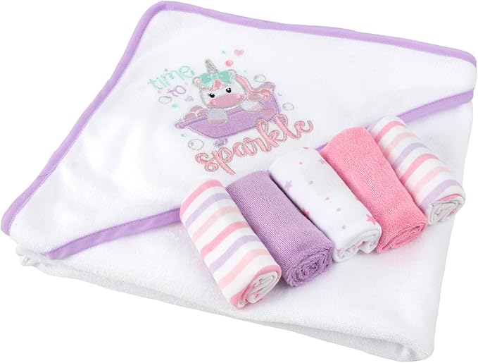 Baby Hooded Bath Towel and Washcloth Set for Infant Girls 6-12 Months (Little Sprinkle Magical Unicorn)