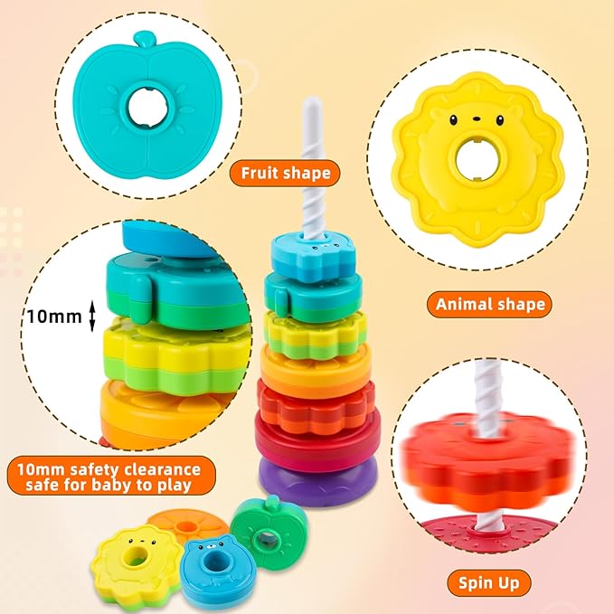 BYFWH Spinning Stacking Toys for Babies 12+ Month Rainbow Ring Flowers Animals Fruits Theme Stacker ABS Toys for Toddlers 1-3 Montessori Educational Learning Sensory Toy,Stacking Toy for Kids