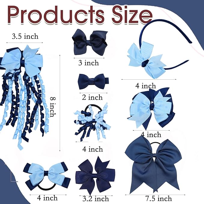 School Hair Accessories Set 14 Pcs Uniform Hair Bow Headband Clips Hair Ties Curly Korker Bows for Little Toddler School Girls (Light Blue&Navy)