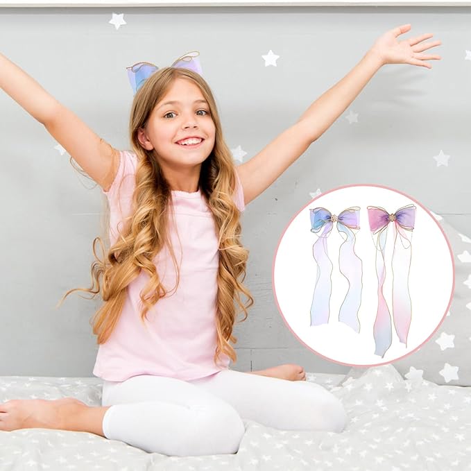 Qianyu 2 PCS Hair Bows for Girls Colorful Little Princess Lace Mesh Hair Clips Extended Ribbon Can Braid Summer Rainbow Bows Alligator Clips for Toddlers Baby Girls Kids Teens (Purple+Blue)