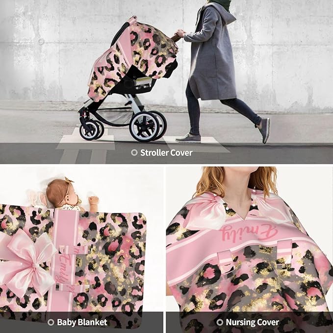 Personalized Baby Car Seat Canopy with Name, Leopard Infant Car Seat Cover, Nursing & Breastfeeding Stroller Cover, Newborn Shower Gift for Baby Girls